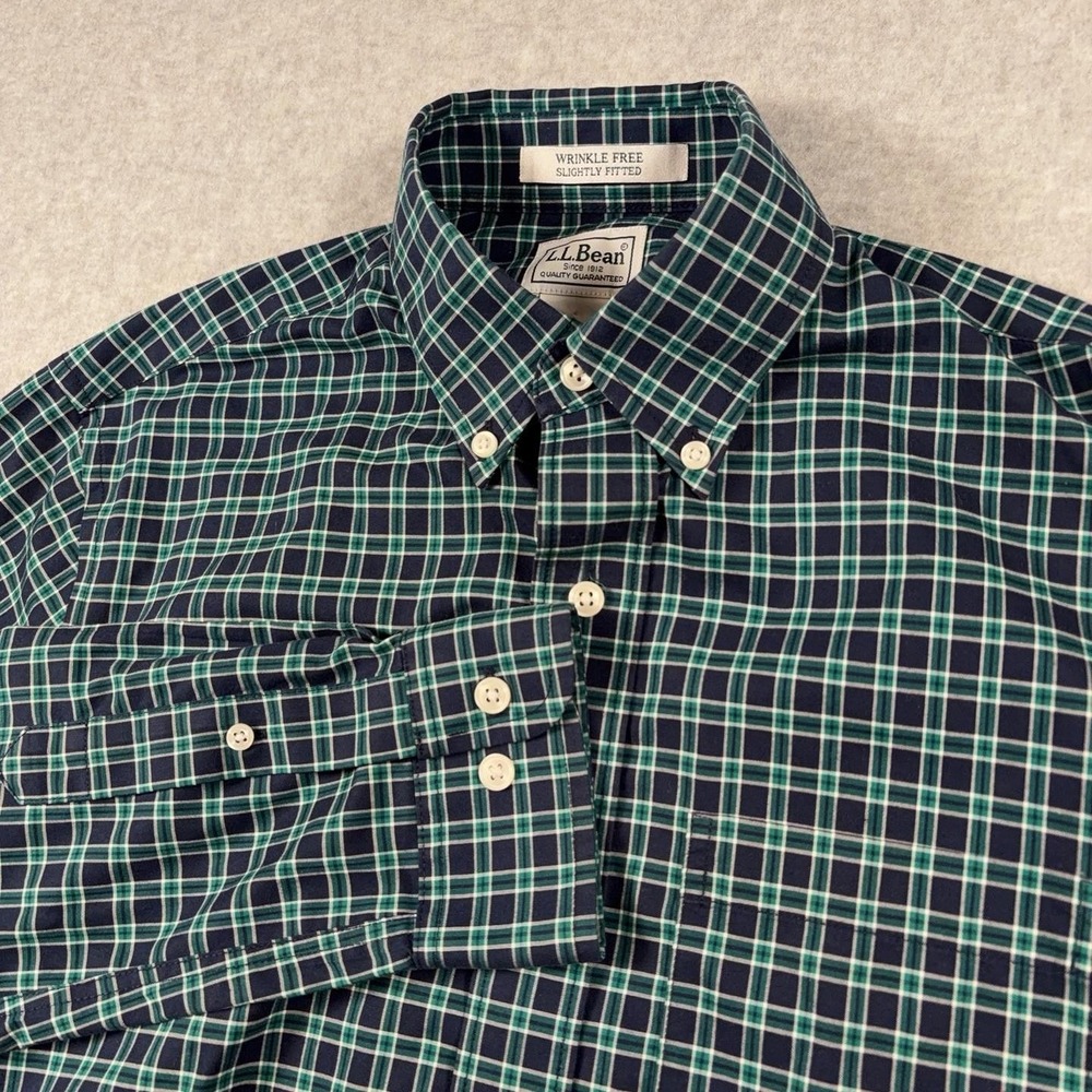 L.L.Bean Shirt Mens Small Blue Green Plaid Wrinkle Free Button Down Long Sleeve
